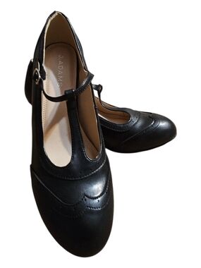 J. Adams Black T-Strap Heels with Decorative Stitching